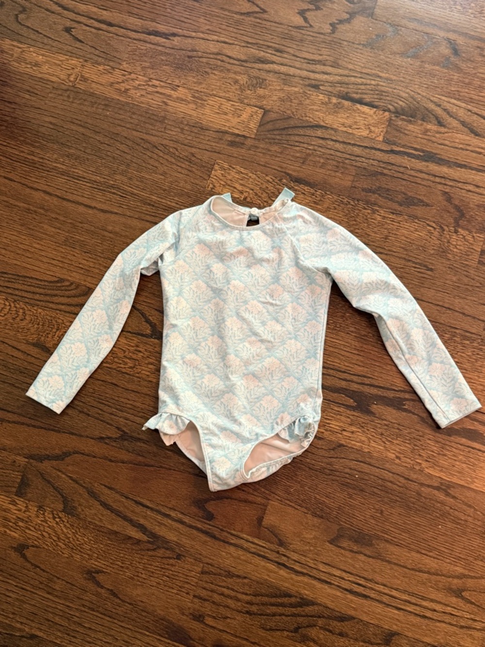 Girls Turquoise and White Long Sleeve Ruffle One-Piece Swimsuit